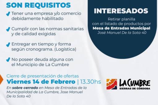 La Muni de La Cumbre llama a concurso de proveedores